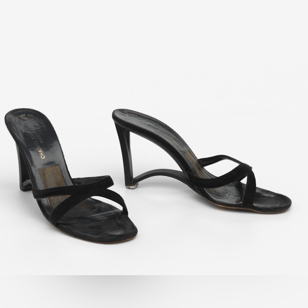 Charles Jourdan Vintage BLACK VELVET Mules with Sculptural Heel museum worthy
